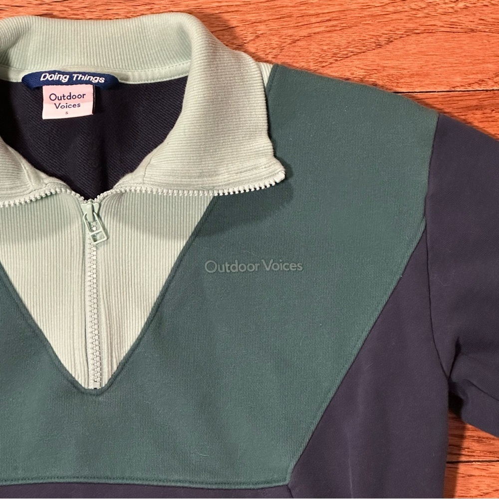 Outdoor Voices Cotton Terry 1/2 Zip Sweatshirt blue green Size Small - Picture 3 of 9